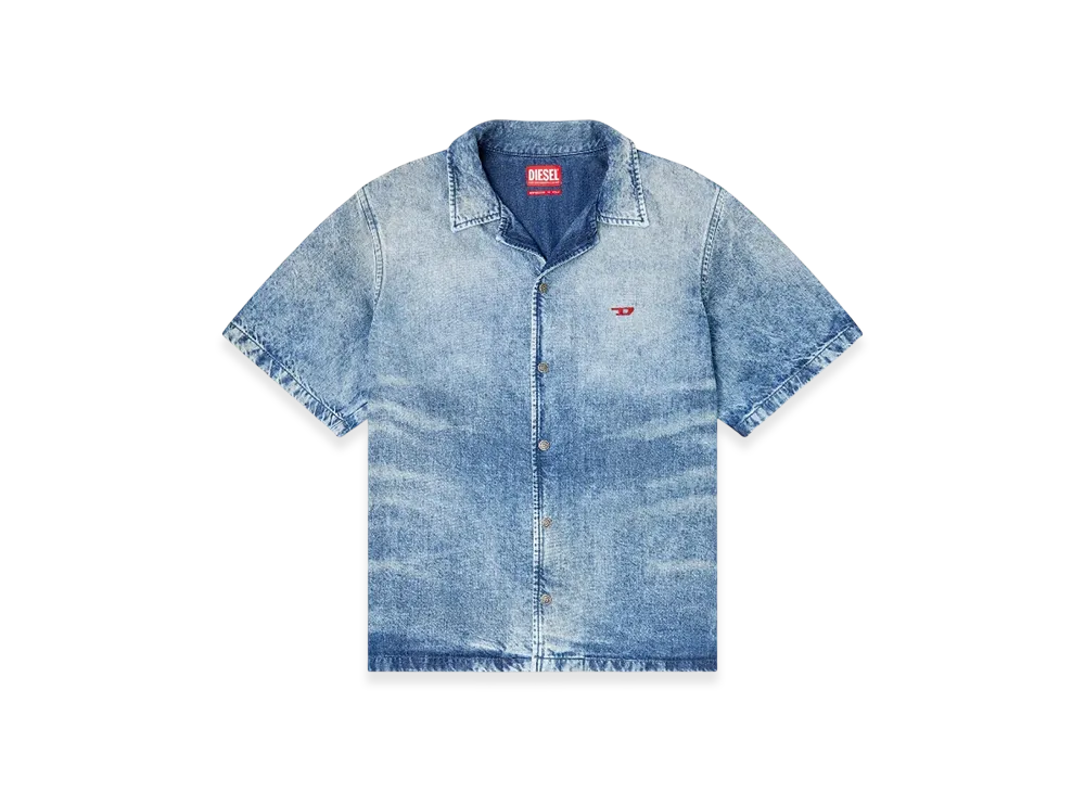 Diesel D-Nabil-Fsg Bowling Shirt In Distressed Denim "Medium Blue"