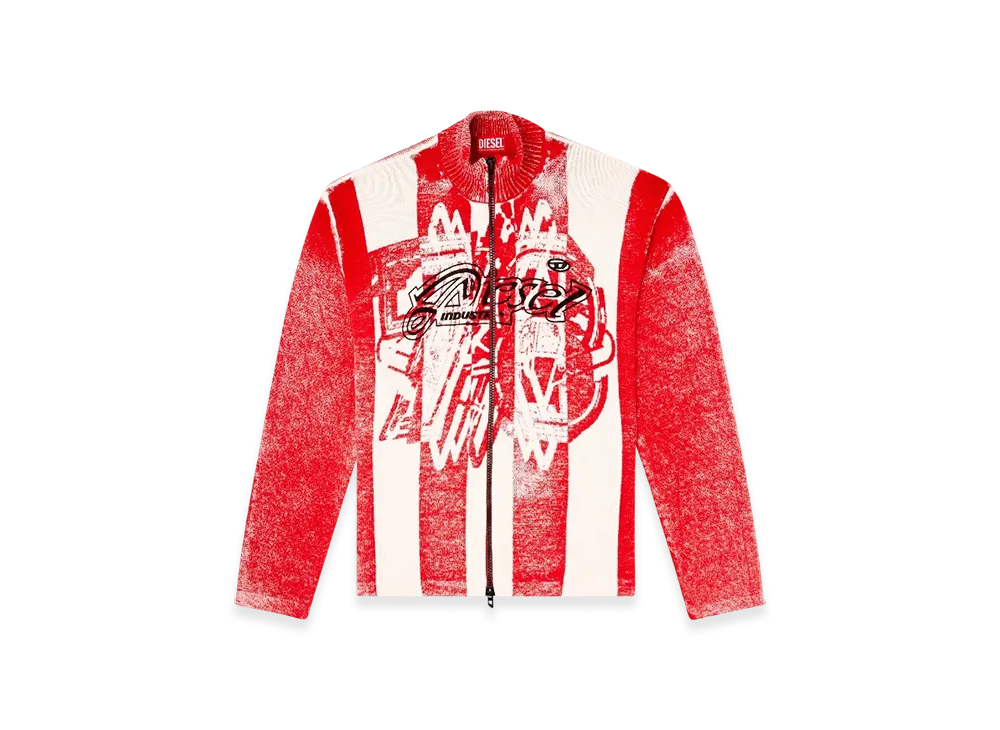 Diesel K-Oliba-Jkt Inside-Print Striped Zipped Cardigan "Red White"