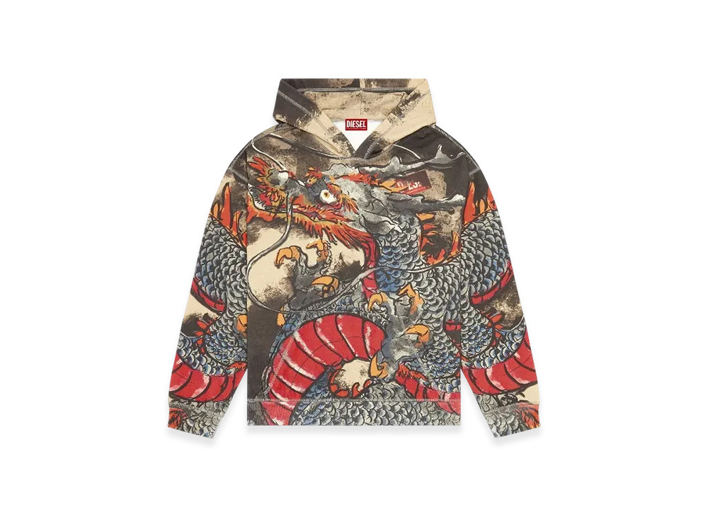 Diesel Cl-S-Boxt-Hood-Dragon Hoodie With Dragon Print "Black Grey"