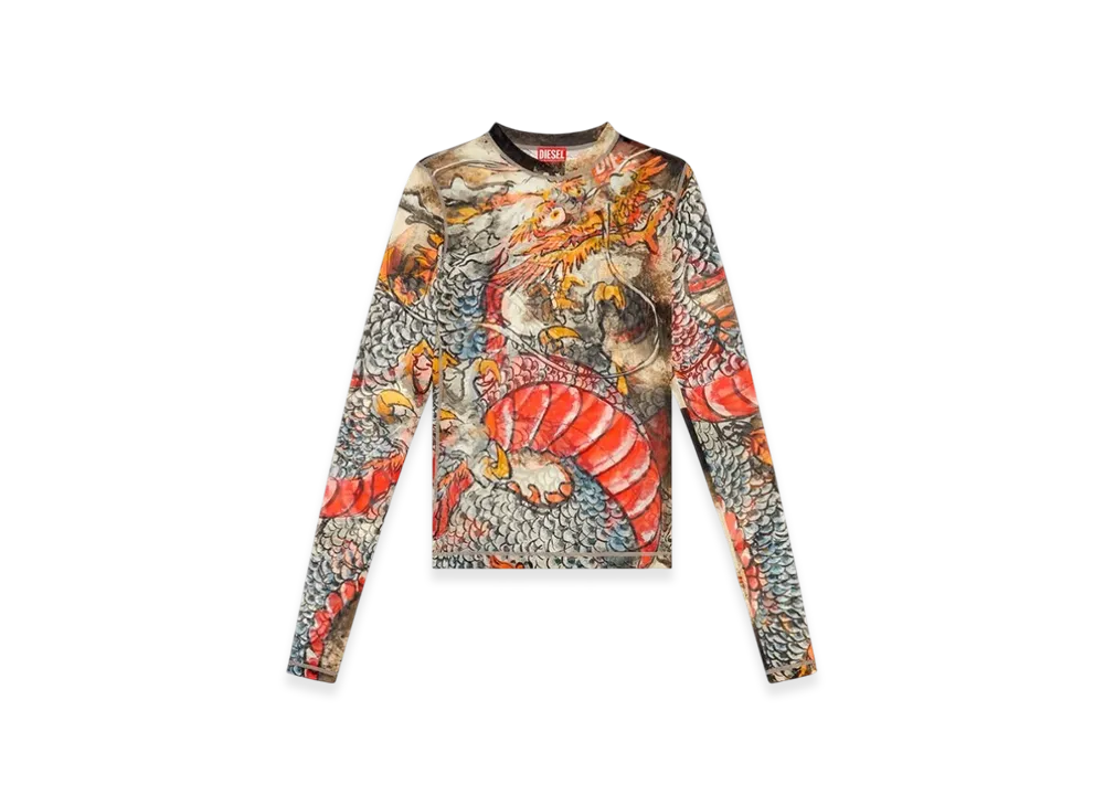 Diesel Cl-T-Sielar-Dragon Mesh Top With Dragon Print "Beige Red"