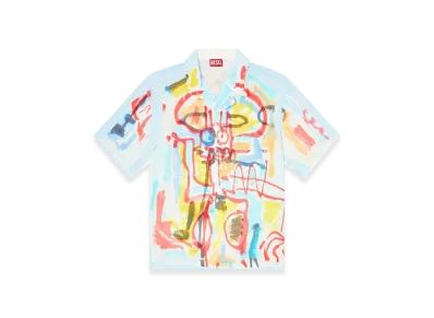 Diesel C-Paroshort-Graffiti-Afr Satin Bowling Shirt With Graffiti Print "Light Blue"