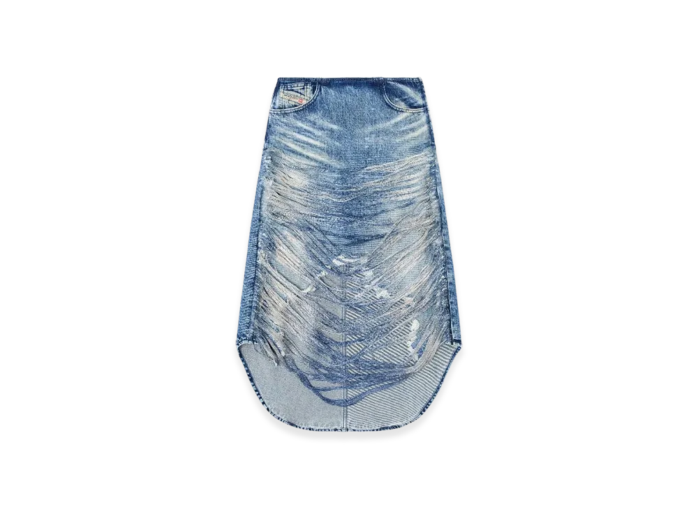 Diesel De-Plumy-FSG Midi Skirt In Distressed Fringed Denim "Medium Blue"