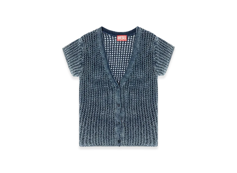 Diesel M-Rez Short-Sleeve Cardigan In Denim Mesh Knit "Medium Blue"