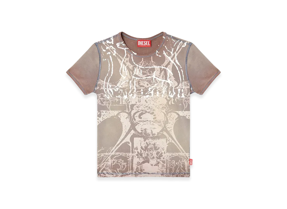 Diesel T-Uncuties-Long-R6 T-Shirt With Foil Print "Light Brown"