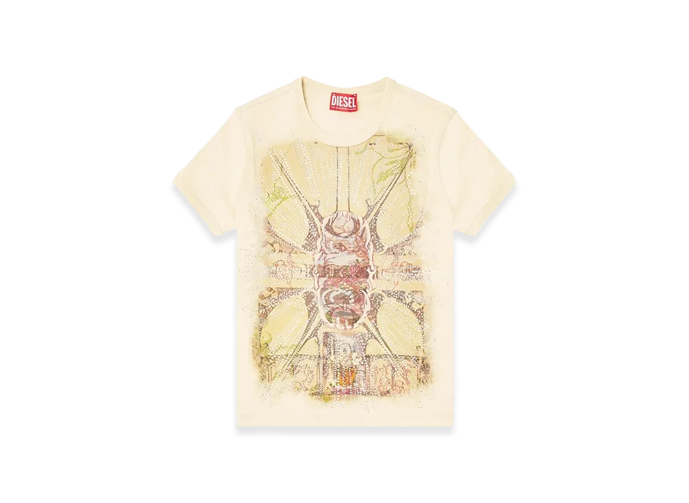Diesel T-Uncuties-Long-R14 T-Shirt With Rhinestone Graphic "Light Brown"