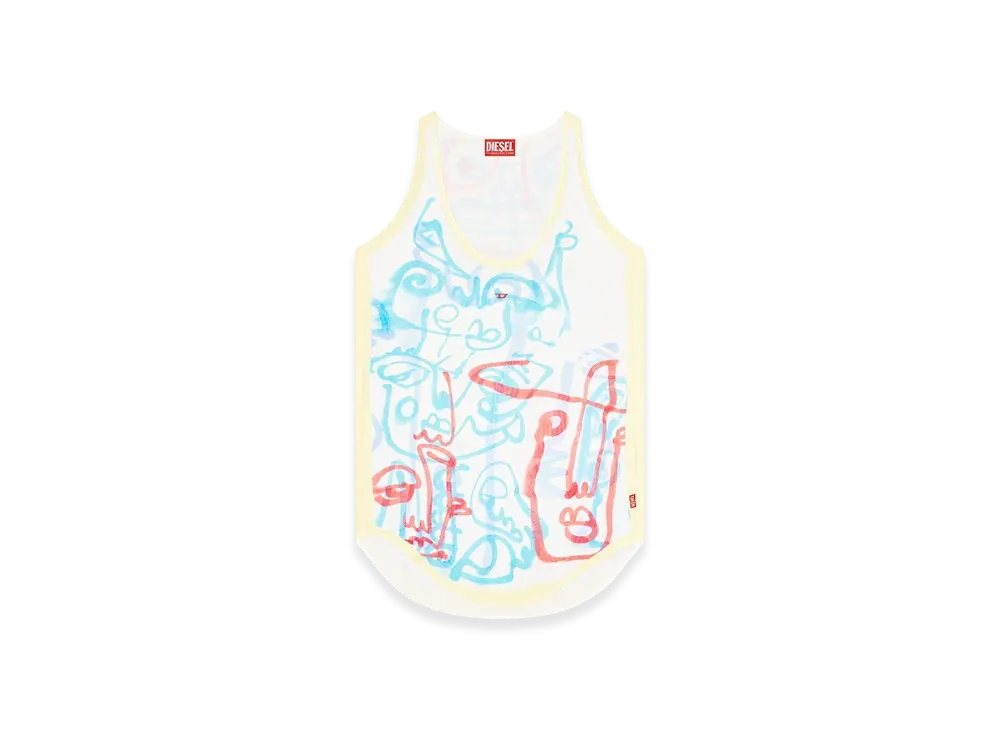 Diesel D-Linz-Graffiti-Afr Satin Tank Top With Graffiti Print "White Yellow"