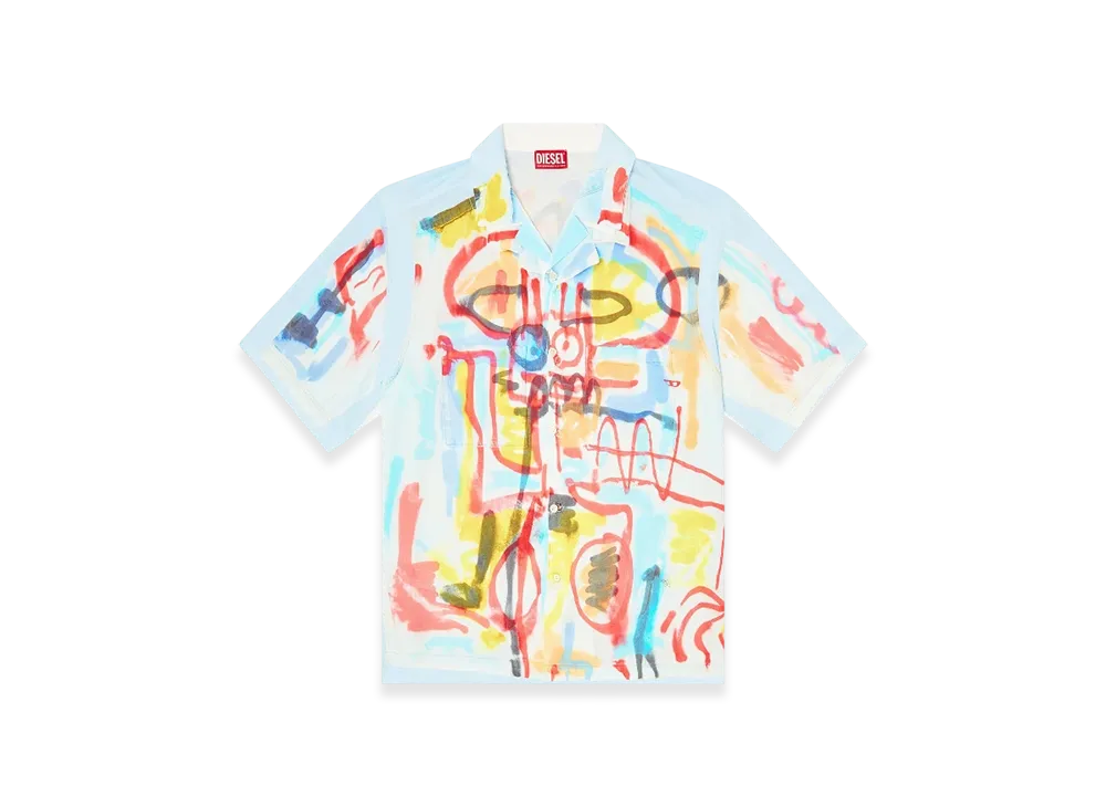 Diesel C-Paroshort-Graffiti-Afr Satin Bowling Shirt With Graffiti Print "Light Blue"