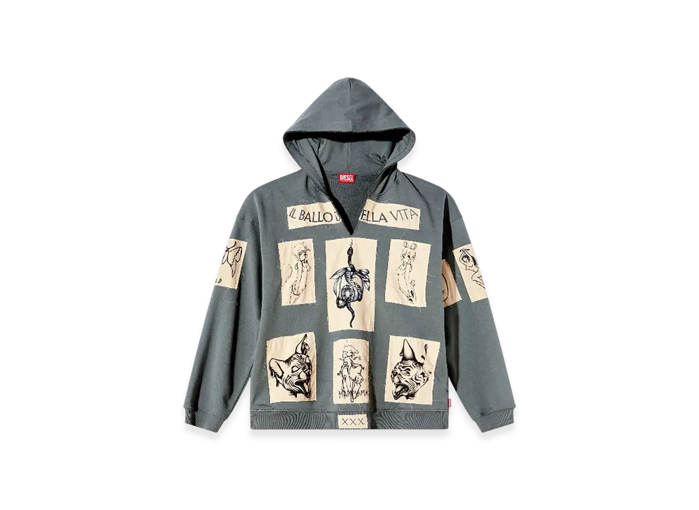 Diesel S-Boxt-Hood-DD Hoodie With Tattoo Patches "Gray"