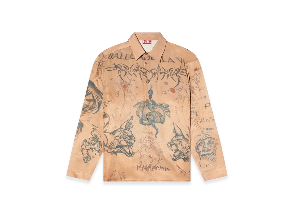 Diesel S-Simply-Tto-DD Fluid Satin Shirt With Tattoo Print "Beige"