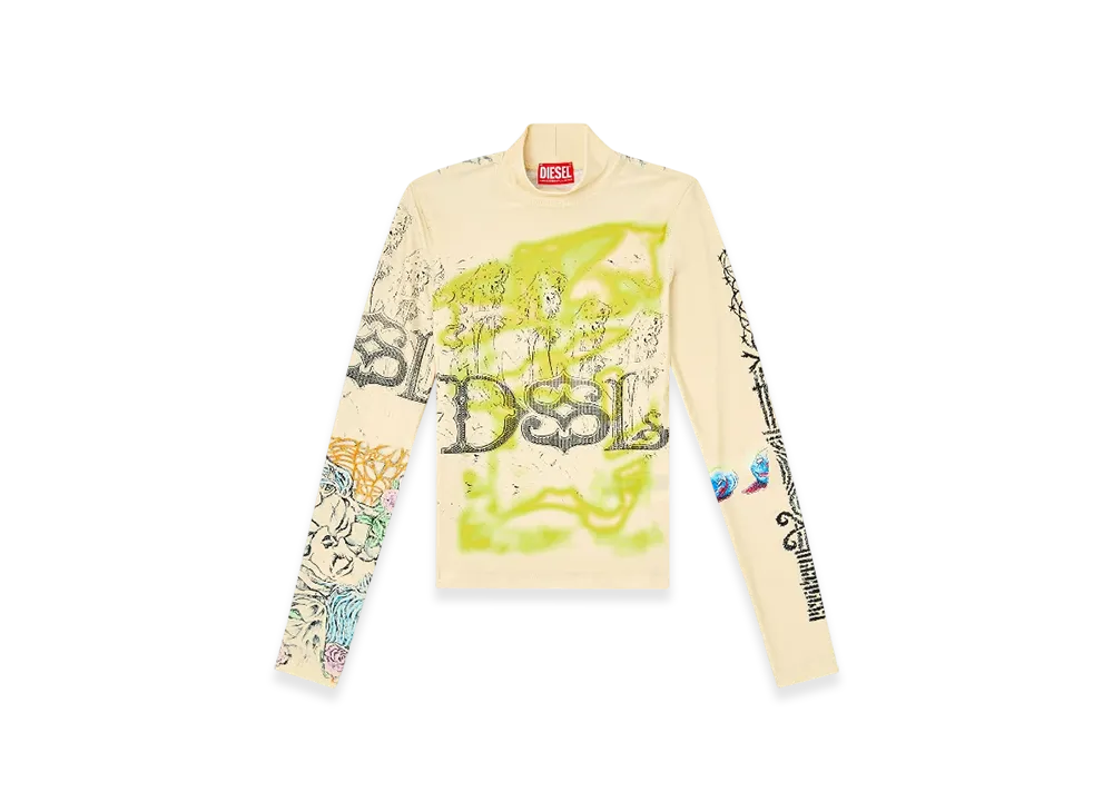 Diesel T-Imun Turtleneck Top With Tattoo Print "Beige"