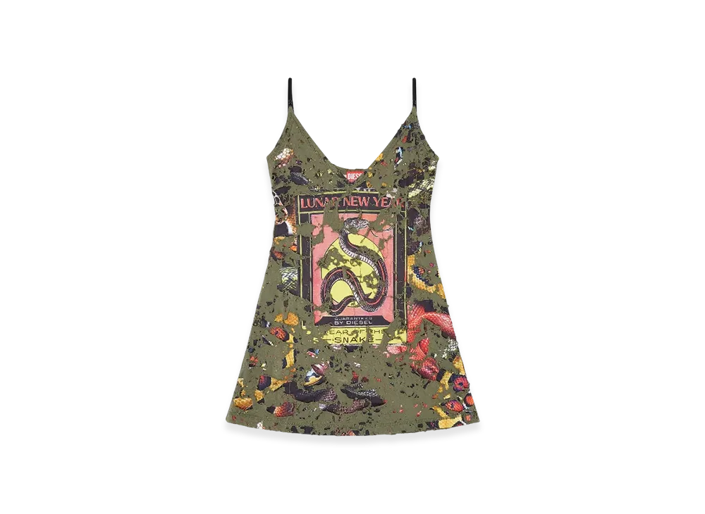 Diesel Cl-D-Jena-Dev-Snake Destroyed Snake-Print Slip Dress "Olive Green"
