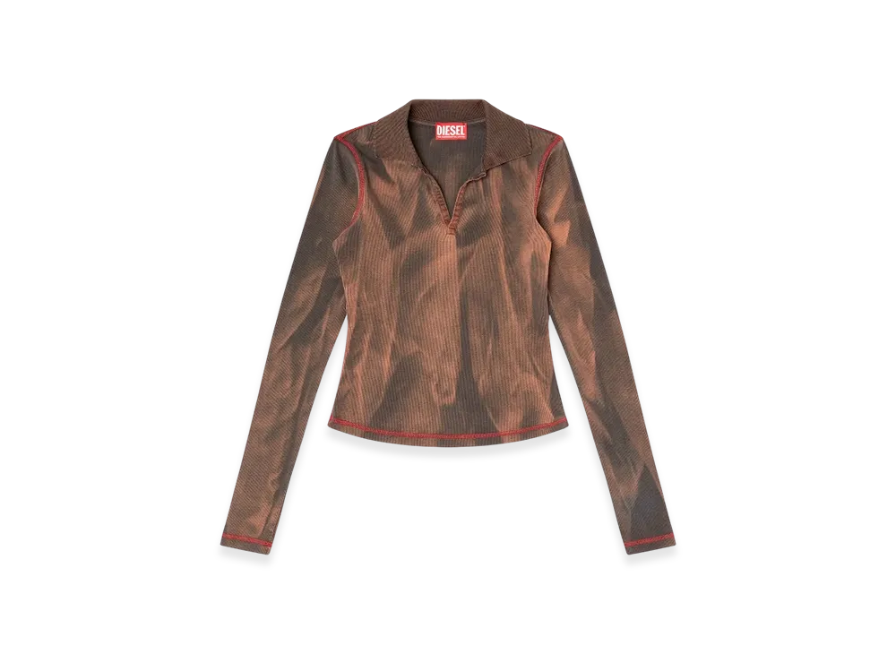 Diesel T-Ribs V-Neck Jersey Top With Bleach Treatment "Brown"