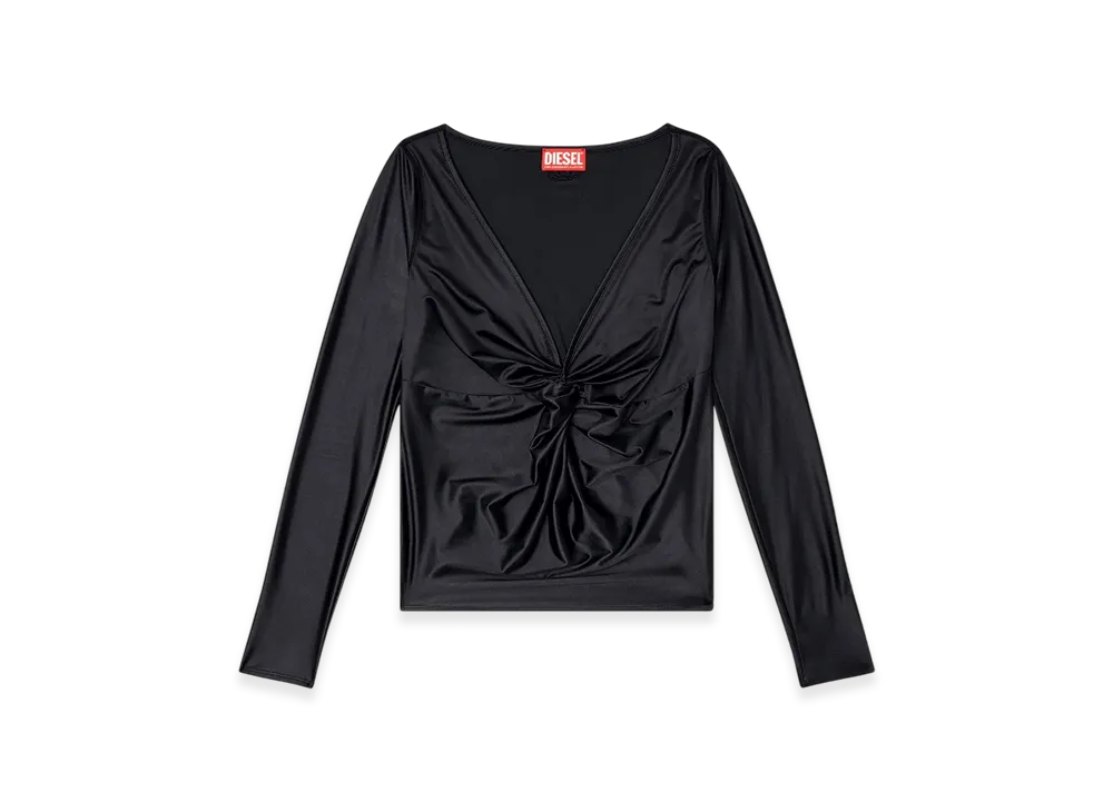 Diesel T-Knot Long Sleeved Gathered V-Neck Top With Chintz Finish "Black"