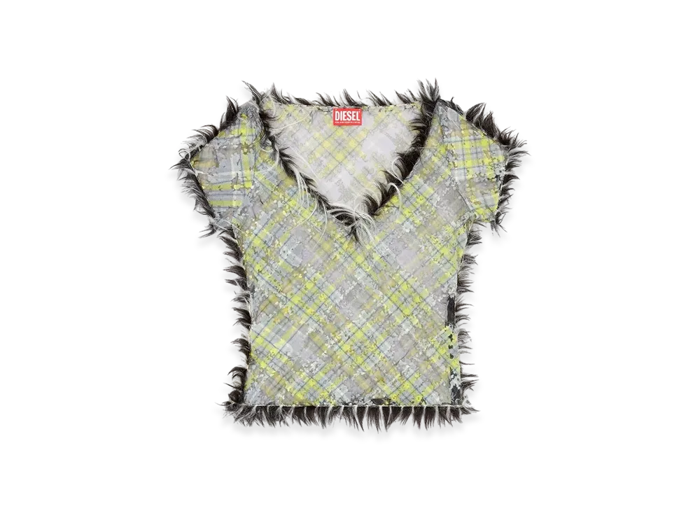 Diesel T-Uffy Cropped Top In Fuzzy Devore Check Tulle "Black Green"