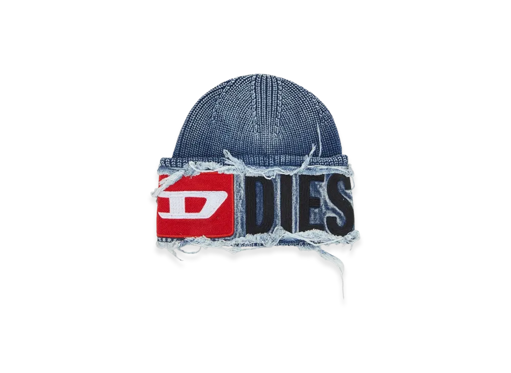 Diesel K-Frok Denim Effect Beanie With Bold Patch Detail "Blue"