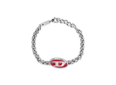 Diesel Dx1445 Red Enamel And Stainless Steel Chain Bracelet "Silver"