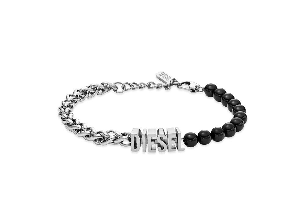 Diesel Dx1541040 Jewel Black Agate Beaded Chain Bracelet "Silver Black"