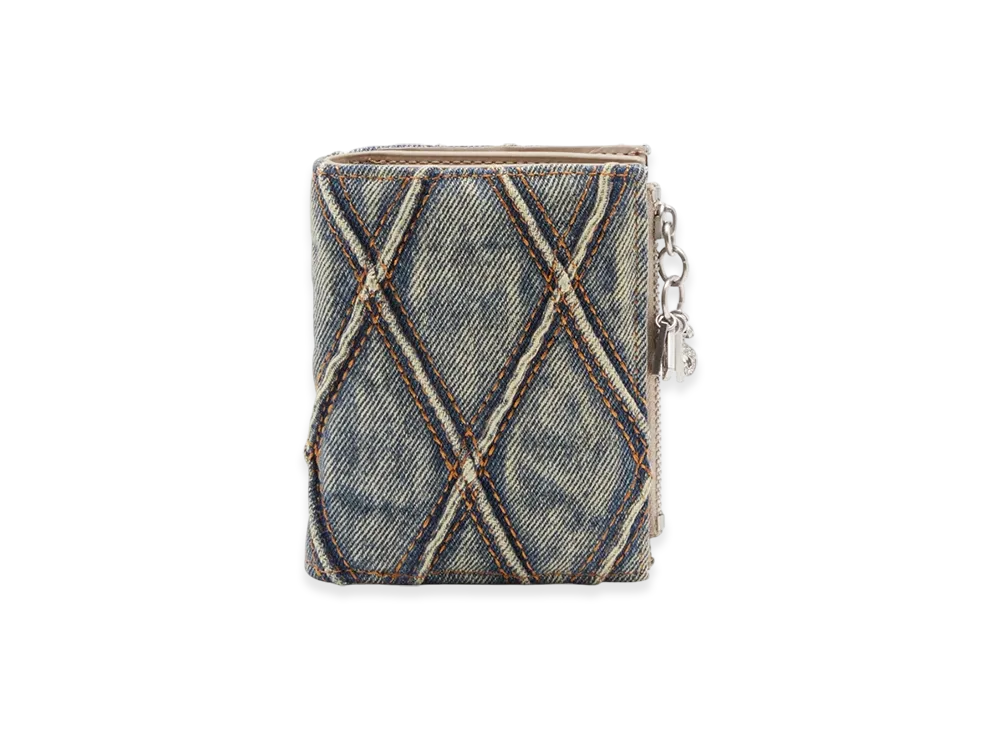 Diesel Charm D- Bi Fold Zip Ii Small Wallet In Argyle Quilted Denim "Blue"