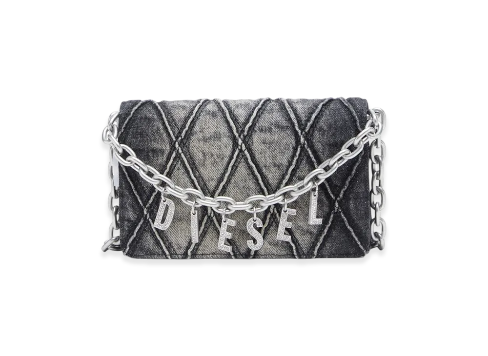 Diesel Charm-D Wallet Strap Wallet Purse In Argyle Quilted Denim "Black"
