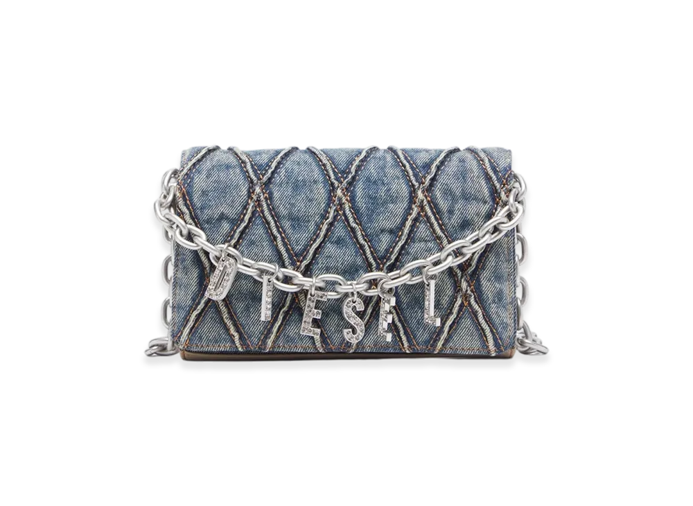Diesel Charm-D Wallet Strap Wallet Purse In Argyle Quilted Denim "Blue"