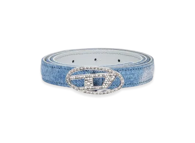 Diesel B-1Dr Strass 20 Slim Belt In Foiled Denim And Leather "Light Blue"