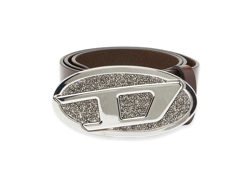 Diesel B-1Dr 2.0 Full Rocks 4Cm Leather Belt With Rhinestone Oval D Buckle "Brown"