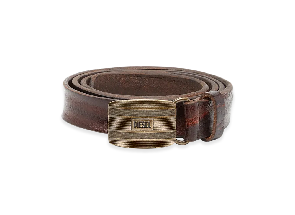 Diesel B-Biscotto Striped 2 Cm Leather Belt With Logo Buckle "Brown"