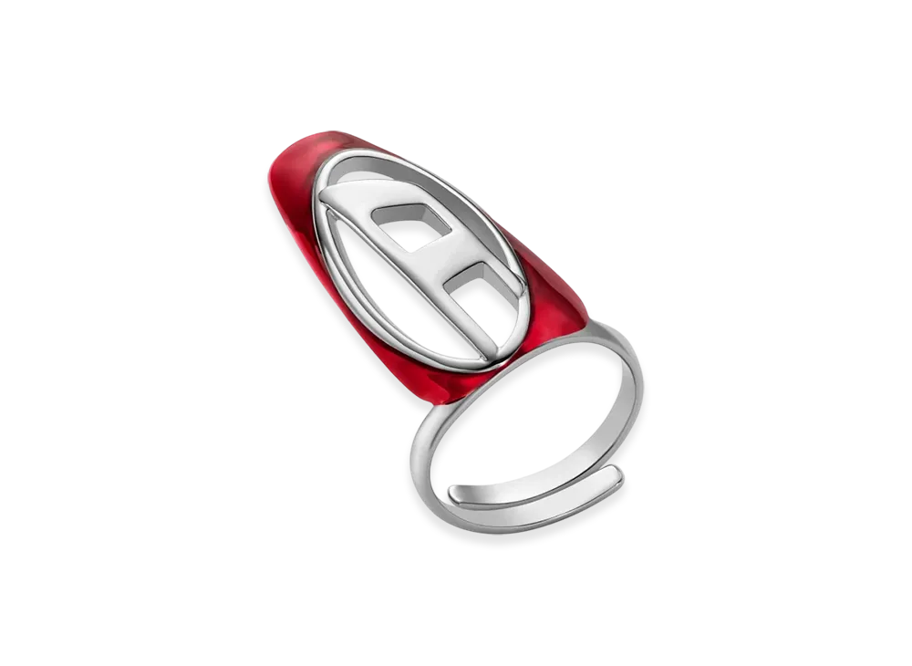 Diesel Dx1526 Jewel Silver-Tone Brass Nail Ring "Red"