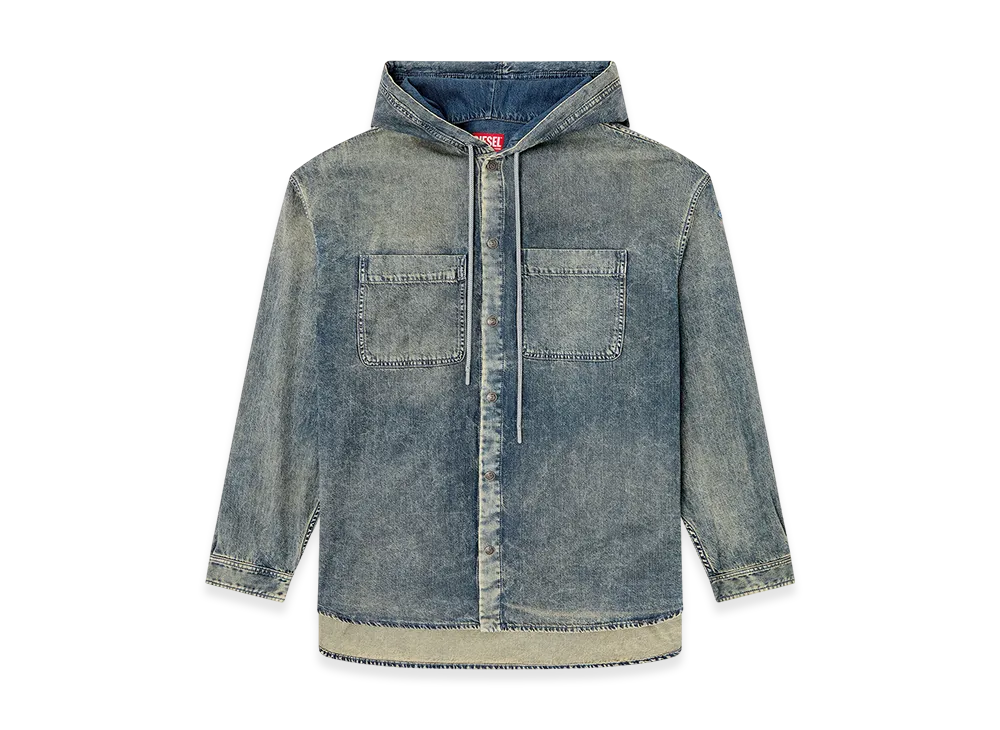 Diesel D-Dewny-Hood-S2 Overshirt in marbled coated denim "Medium Blue"