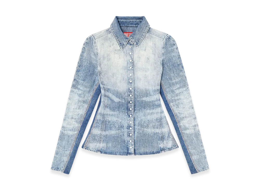 Diesel De-Masly-Fsh Shirt In Distressed Honeycomb Denim "Light Blue"