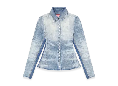 Diesel De-Masly-Fsh Shirt In Distressed Honeycomb Denim "Light Blue"