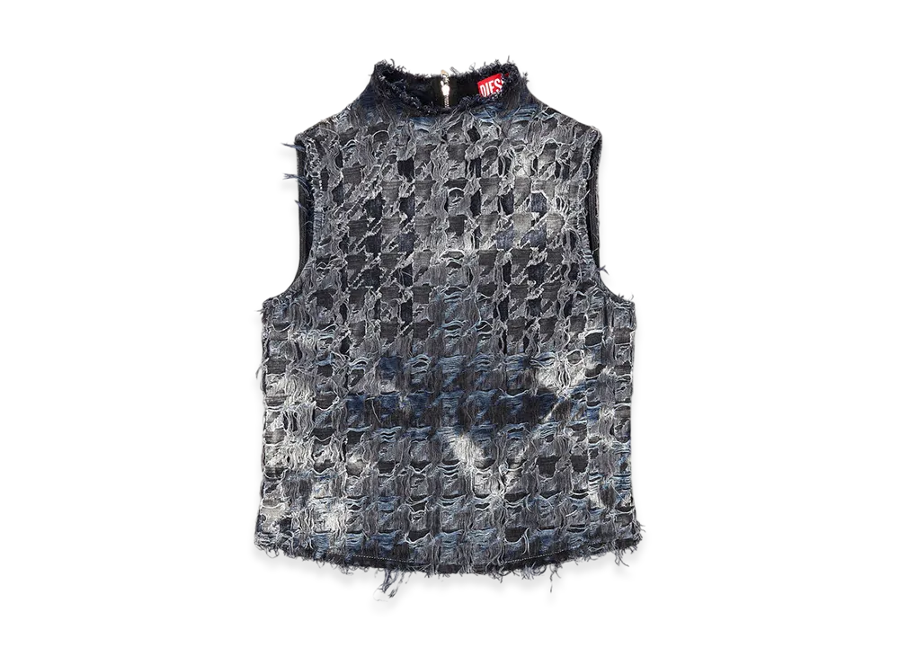Diesel De-Tapi-Fsh1 Sleeveless Top In Houndstooth Tie-Dye Denim "Black"