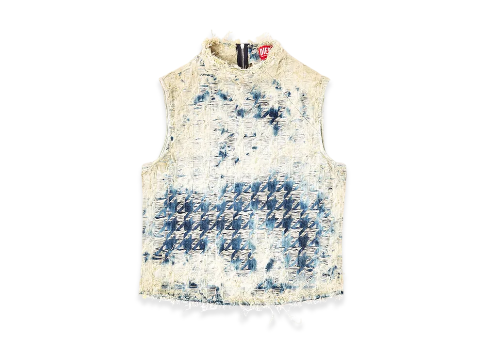 Diesel De-Tapi-Fsh2 Sleeveless Top In Houndstooth-Weave Denim "Medium Blue"