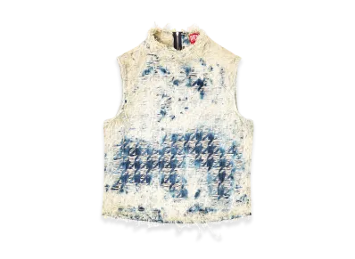 Diesel De-Tapi-Fsh2 Sleeveless Top In Houndstooth-Weave Denim "Medium Blue"