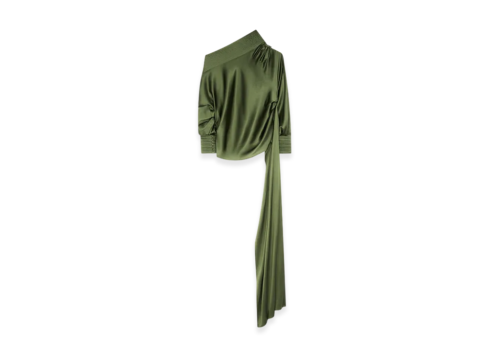 DRIES VAN NOTEN Women's Draped Silk Satin Shirt "Khaki"