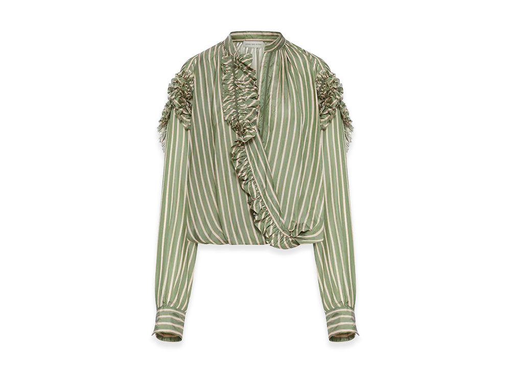 DRIES VAN NOTEN Women's Striped Blouse with Ruffles "Green"