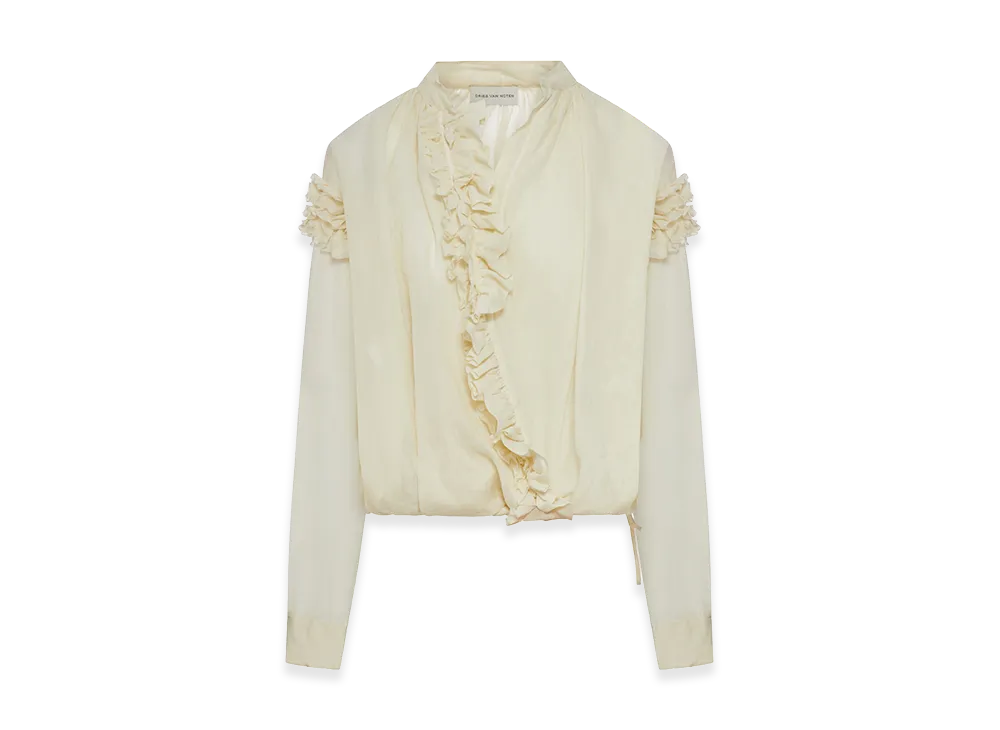 DRIES VAN NOTEN Women's Ramie Blouse with Ruffles and Crossover Neckline "White"