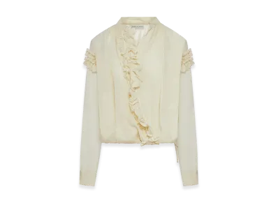 DRIES VAN NOTEN Women's Ramie Blouse with Ruffles and Crossover Neckline "White"