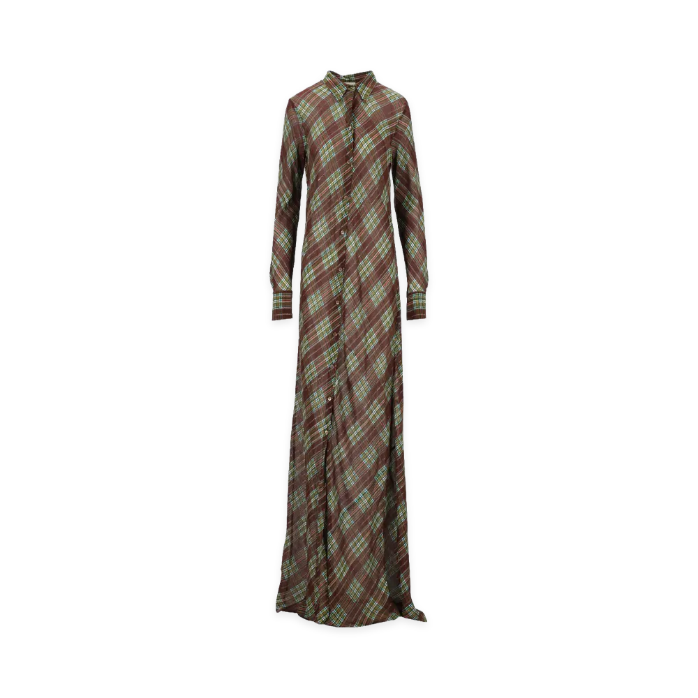 DRIES VAN NOTEN Women's Dalima Trasparent Viscose Crepon Shirt Dress With A Lurex Pinstripe Printed With Check "Bordeaux"
