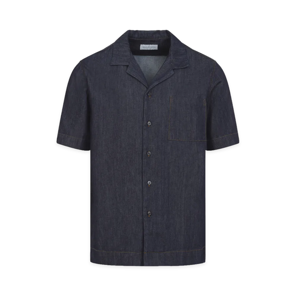 DRIES VAN NOTEN Cotton Carltone Short Sleeve Shirt "Indigo Blue"