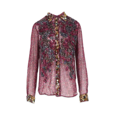 DRIES VAN NOTEN Women's Sequin-Embellished Ruffled Shirt "Fuchsia"