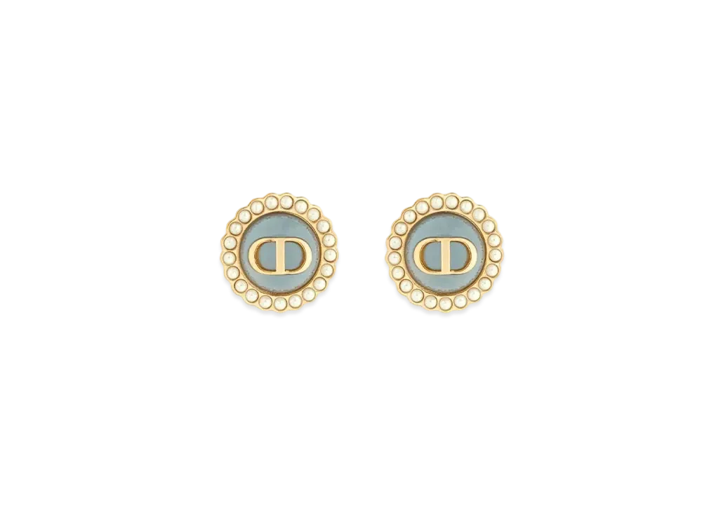Dior Petit CD Baroque Stud Earrings Metal with Resin Pearls and Glass "Gold/White/Sky Blue"