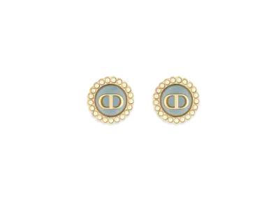 Dior Petit CD Baroque Stud Earrings Metal with Resin Pearls and Glass "Gold/White/Sky Blue"