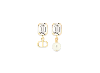 Dior Petit CD Earrings Finish Metal with Resin Pearl and Crystals "Gold/White/Silver"
