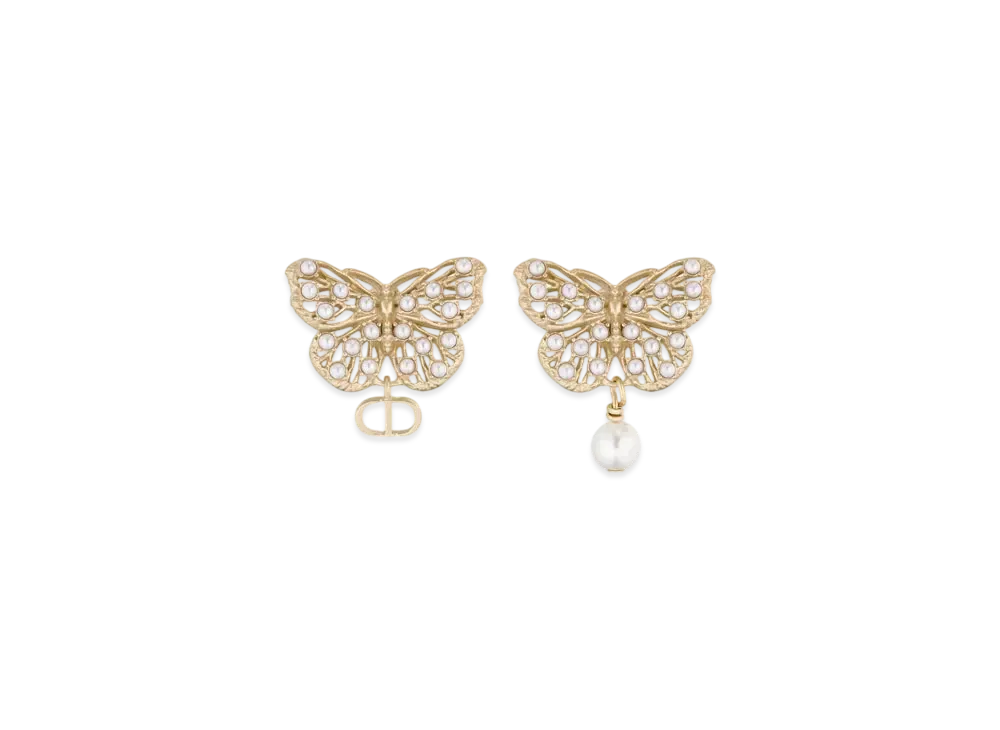 Dior Toile de Jouy Papillon Earrings Metal and Resin Pearls "Matte Gold/White"