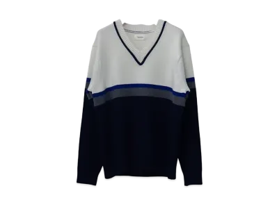 Ernie Palo V neck Switching Color Knit "Navy"