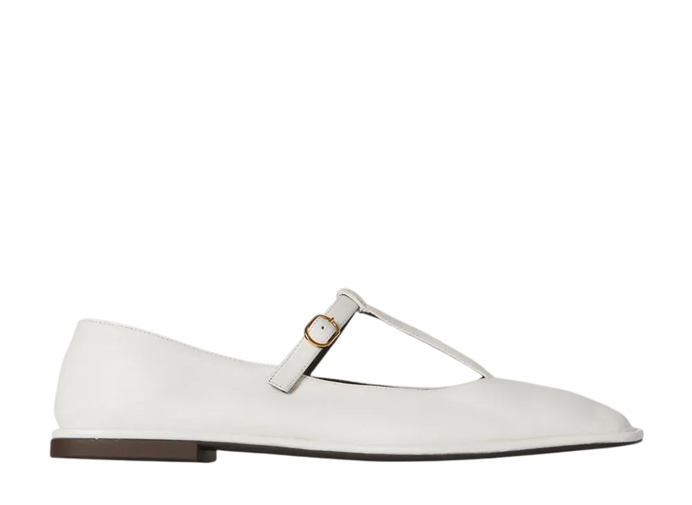 The Row Women's Square T-Strap Flat in Leather "White"