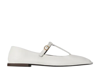The Row Women's Square T-Strap Flat in Leather "White"