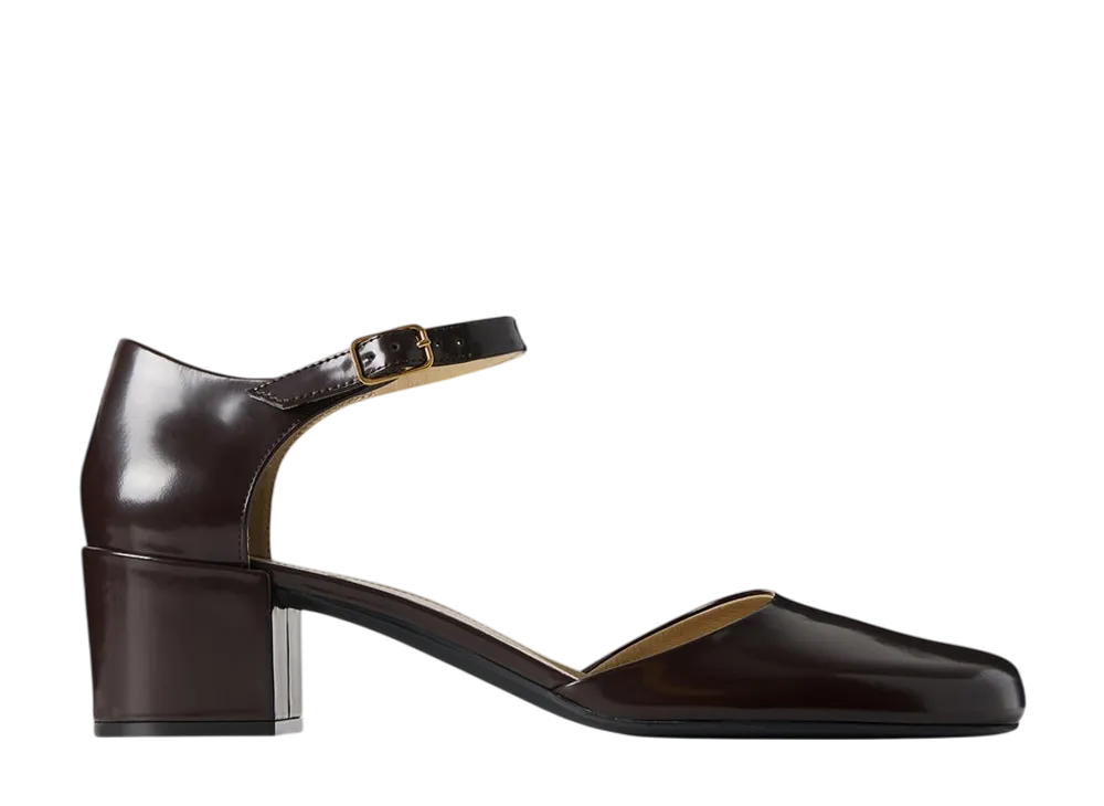 The Row Women's Penelope Ankle Strap Heel in Leather "Lacquer Brown"