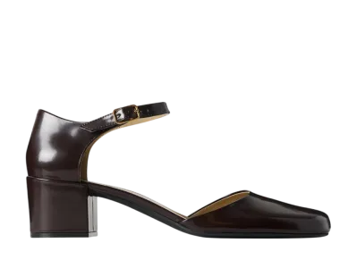 The Row Women's Penelope Ankle Strap Heel in Leather "Lacquer Brown"